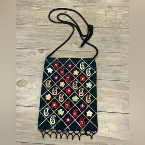 Embroidered small Bag, beaded, cord strap, black with multi colored flowers